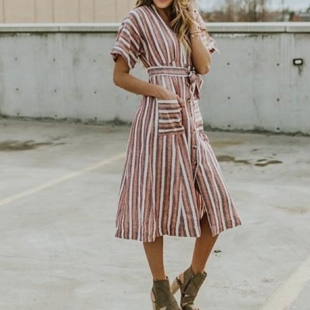Free People Monday striped linen Midi Dress - XS